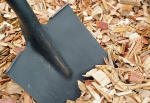 Mulch and black shovel